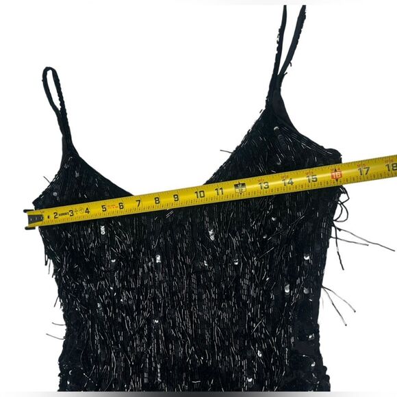 90’s Jacqueline Ferrar 100% Silk Beaded Fringe Black Dress Sleeveless Cocktail - Picture 10 of 16